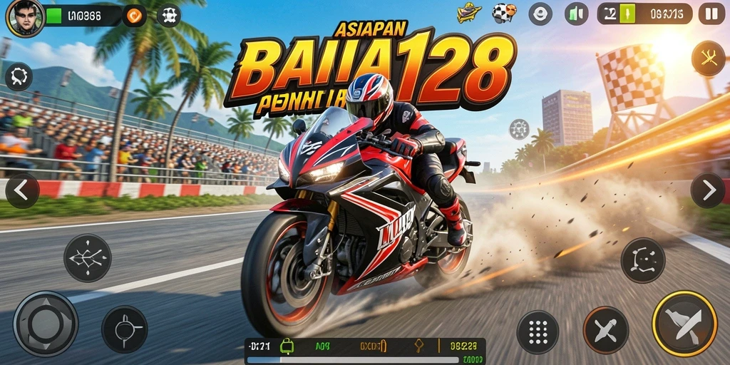 Gameplay mendebarkan dari ASIA128 dengan motor balap melaju kencang.