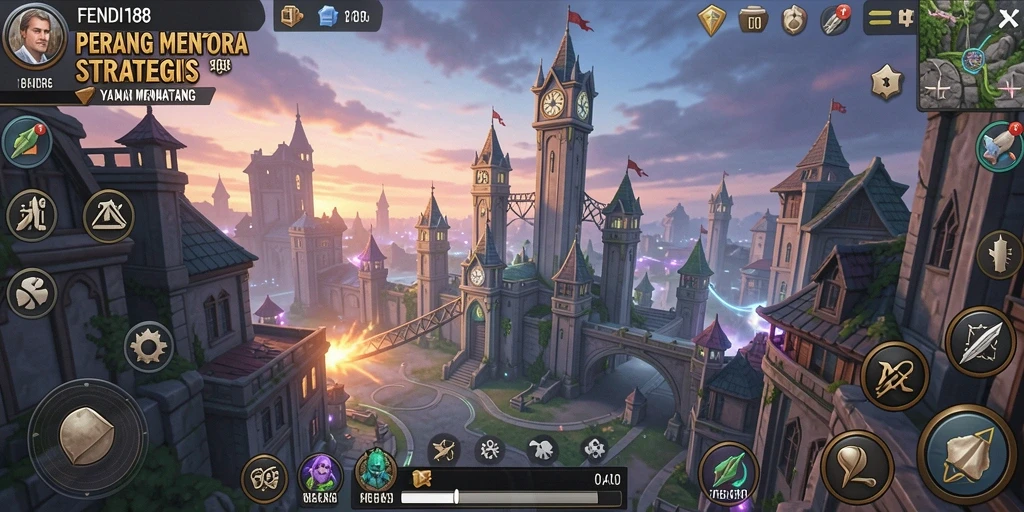 Tampilan gameplay FENDI188 menampilkan menara bertahan melawan gelombang musuh.