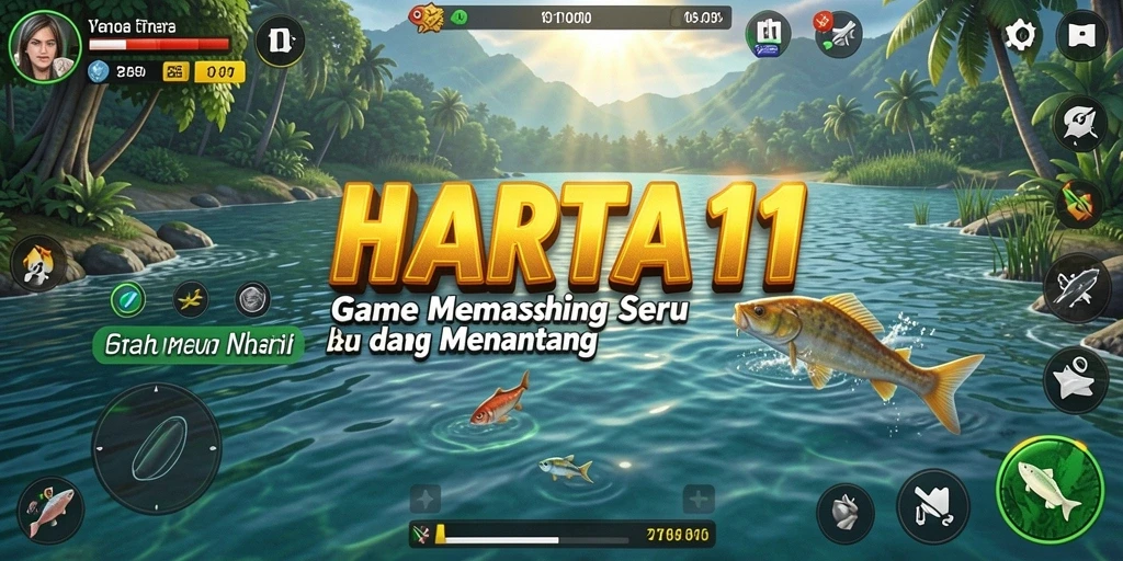 Screenshot gameplay seru HARTA11 dengan berbagai aktivitas memancing.