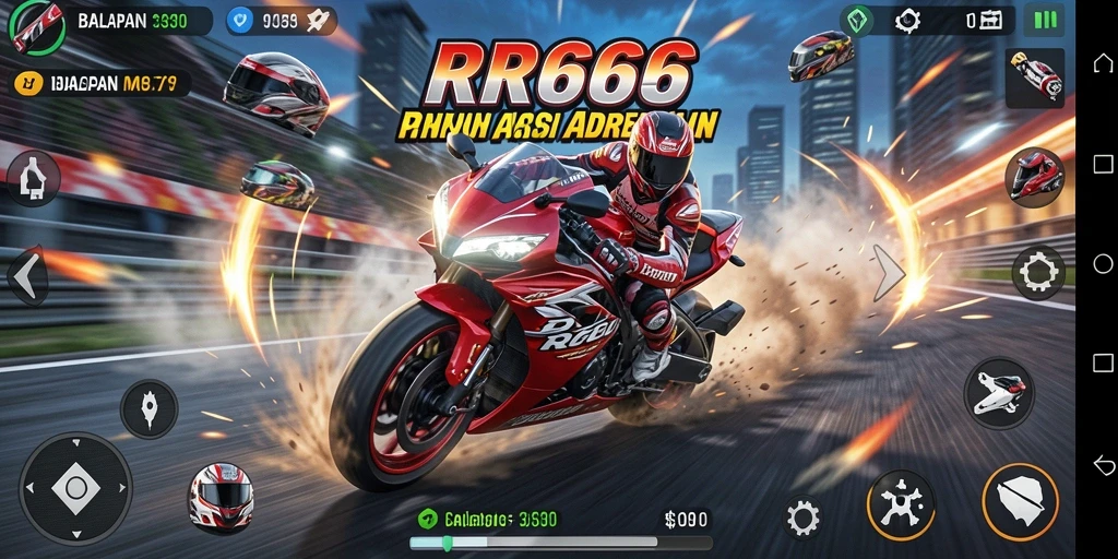 Screenshot gameplay RR666 menampilkan balapan motor yang mendebarkan.